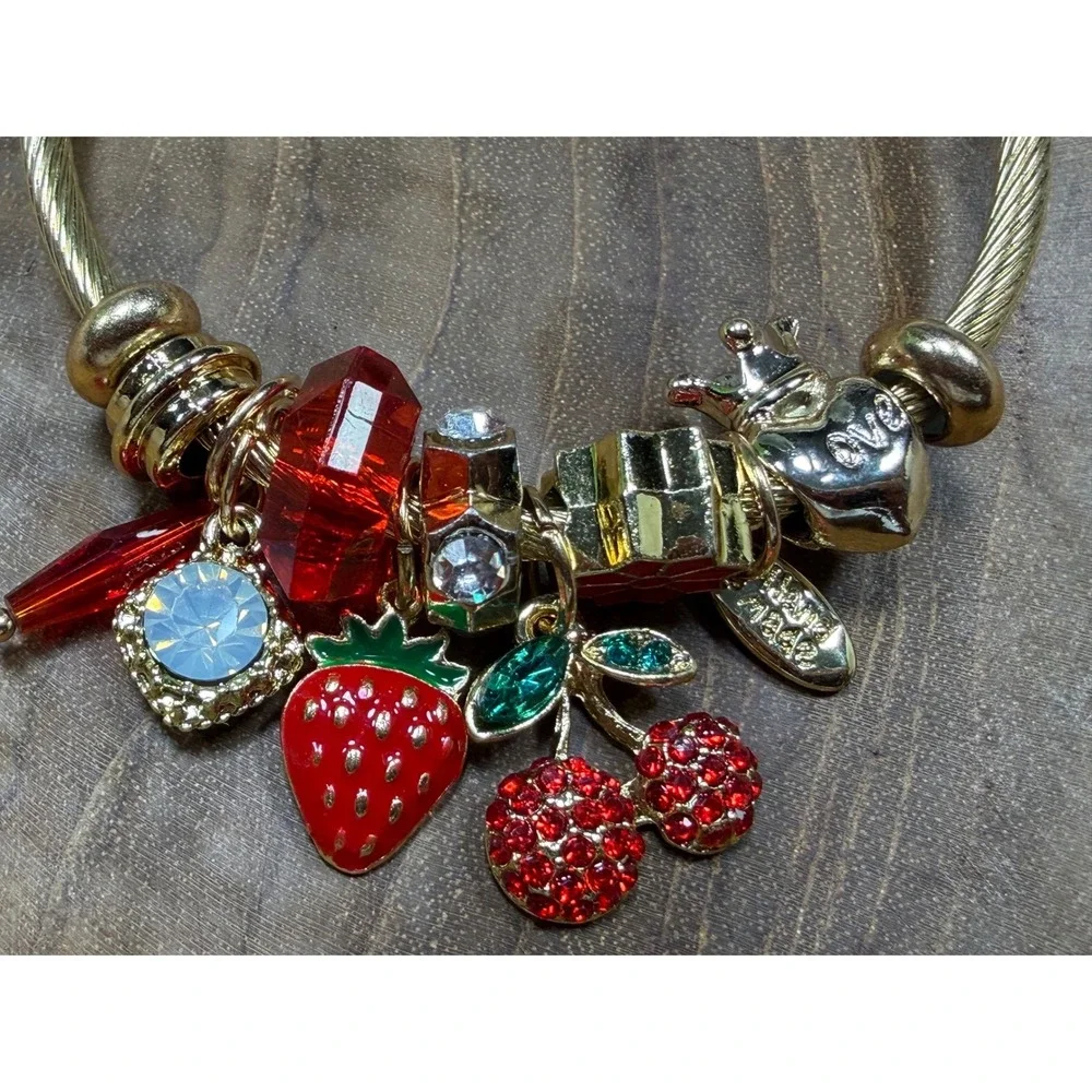 Gold Tone Fruit Charm Bangle Bracelet Strawberry Cherry Red‎ Crystal Adjustable